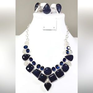 Blue Sunstone Moonstone Pearls 925 Large Necklace & Bracelet